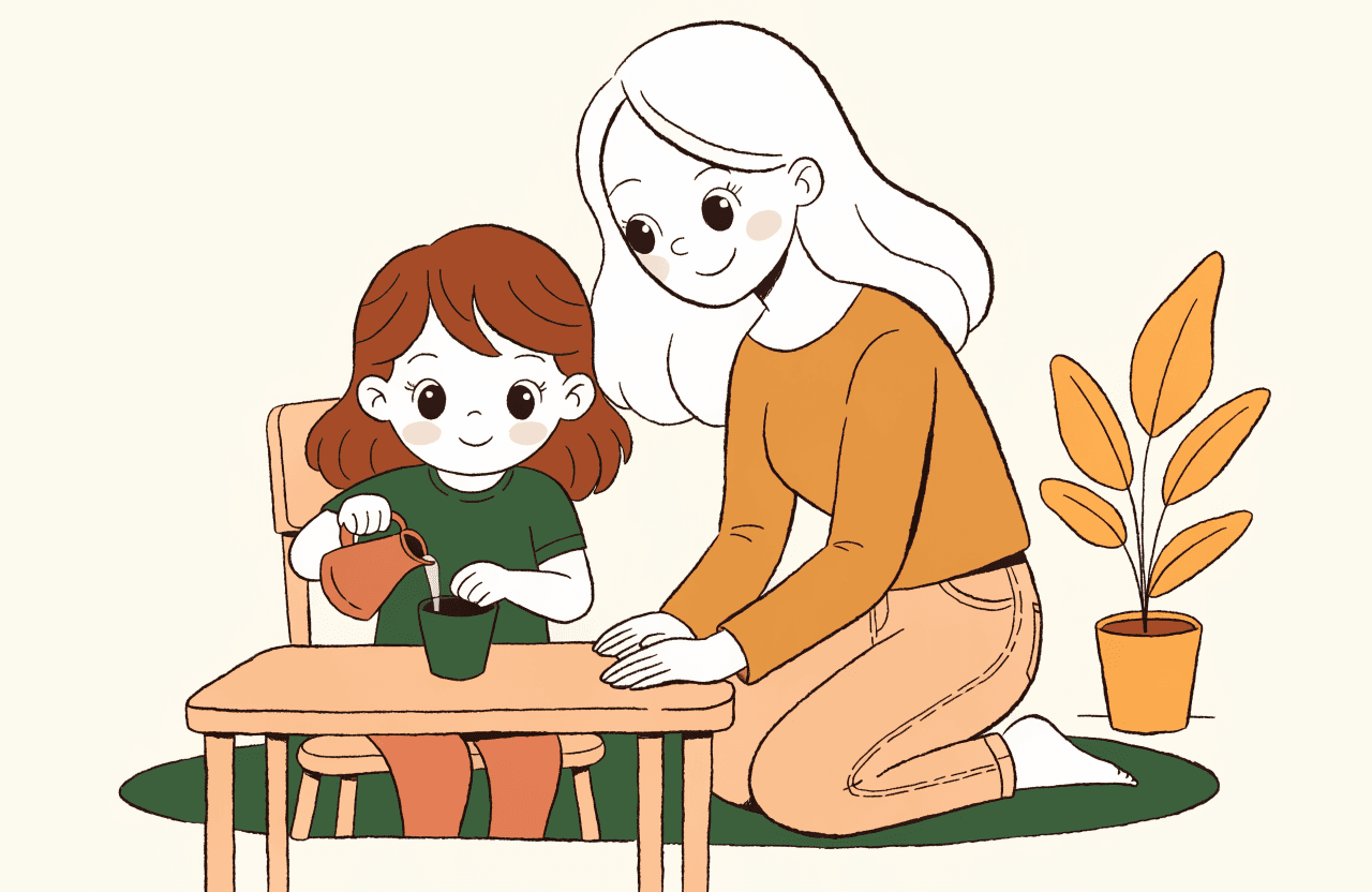 A mother kneeling beside her daughter, who is carefully pouring water from a small pitcher into a cup