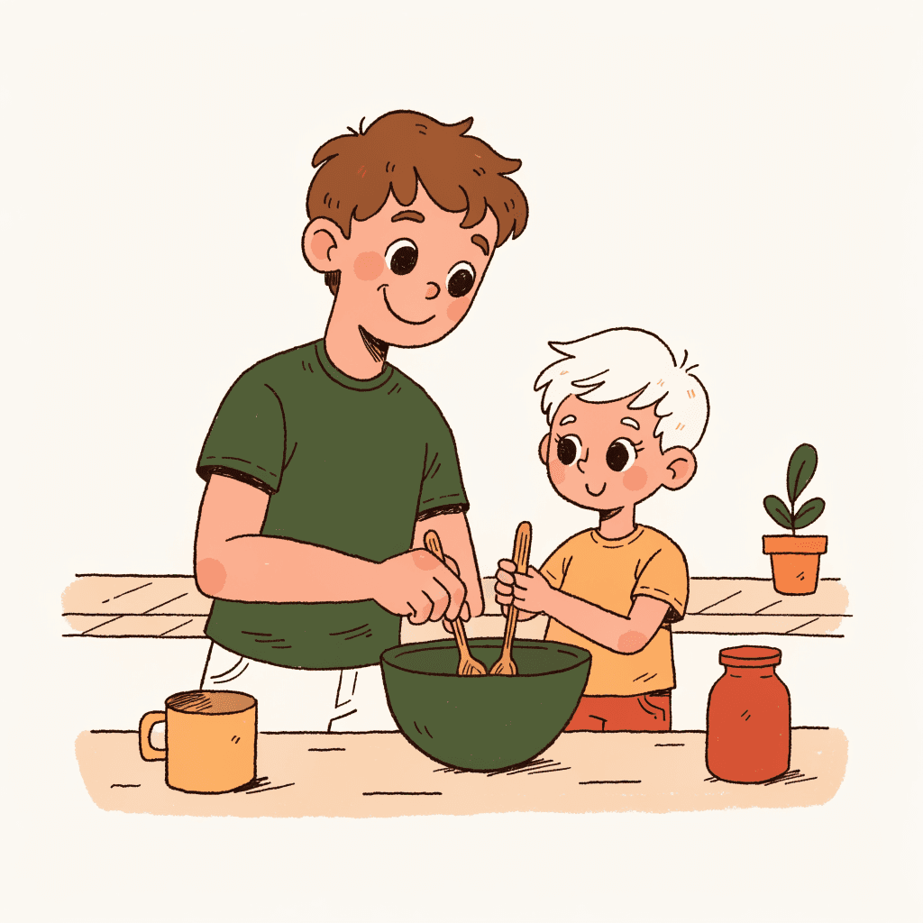 A father and son cooking together, stirring a bowl at the kitchen counter