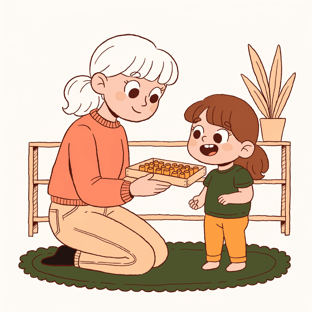 A Montessori guide kneeling at a low shelf, presenting a tray of golden beads to a delighted child